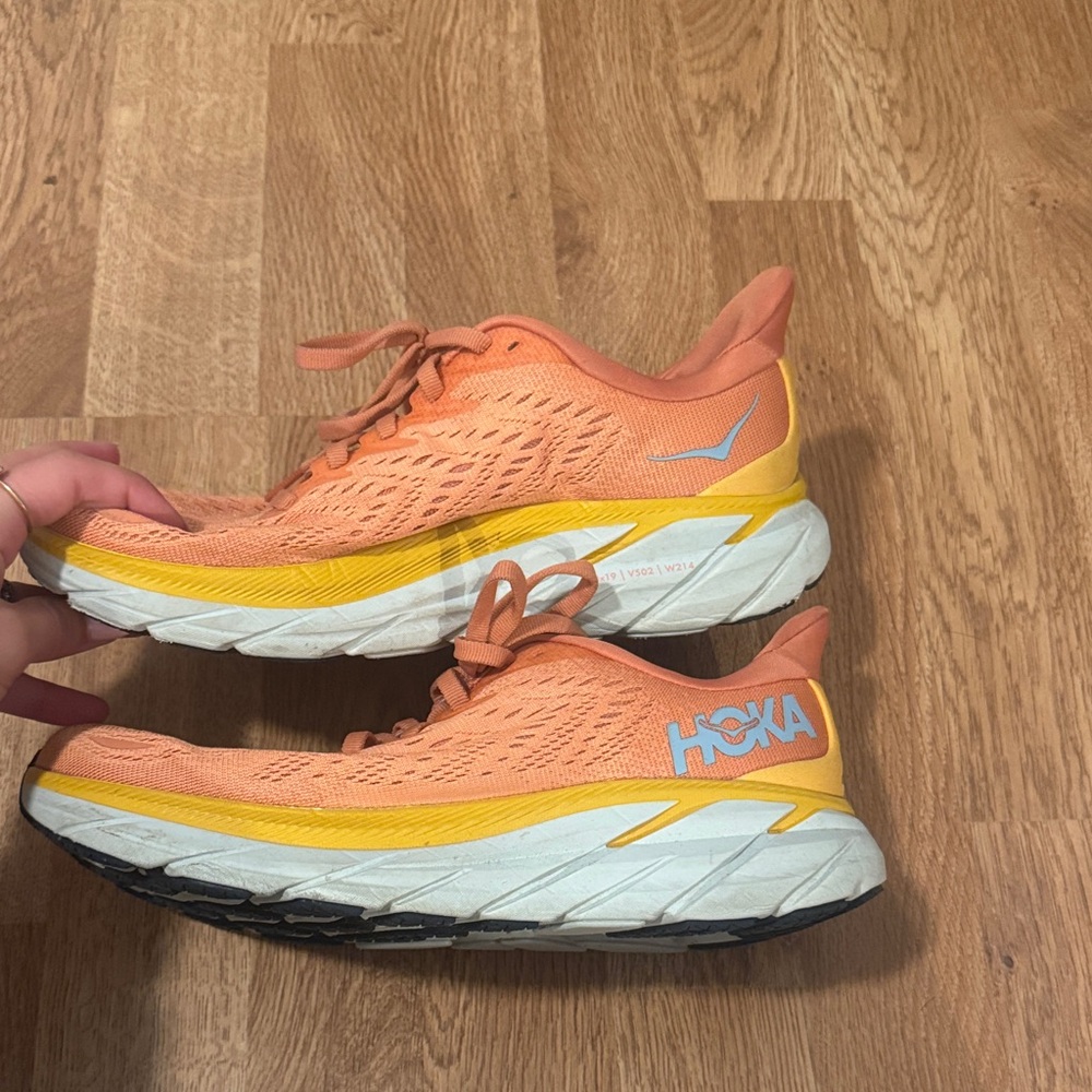 Hoka Clifton 8 Vibrant Orange and Yellow Sneakers
